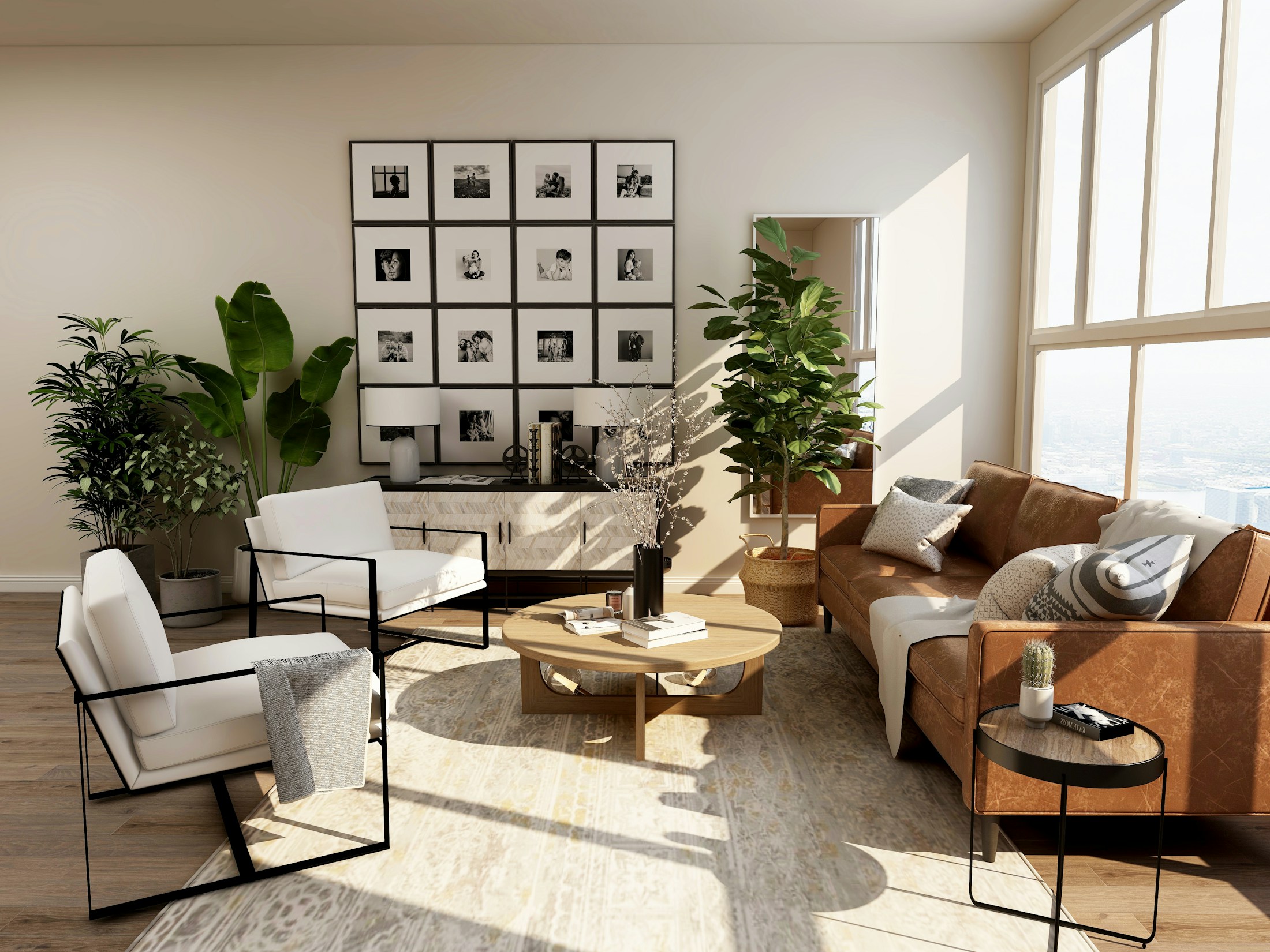 Warm sunlit living space with natural tones, soft textures, and wood accents